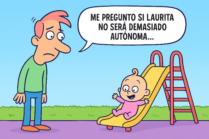 Una bebe con gran dosis de autonomía se tira por un tobogán ella sola